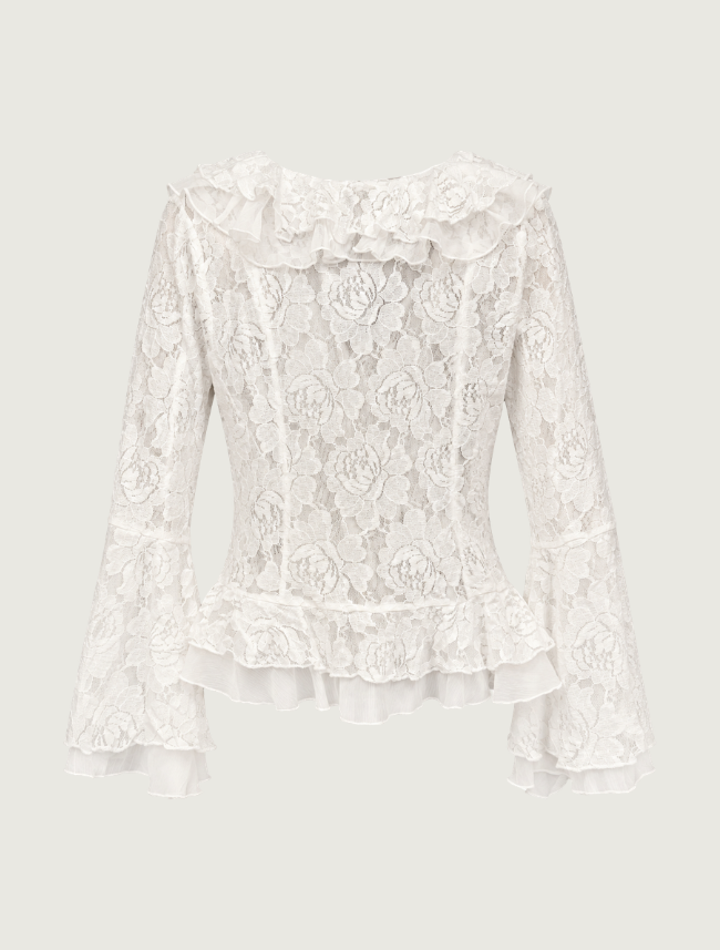 Mavericks Double Ruffle Lace Blouse in Off White