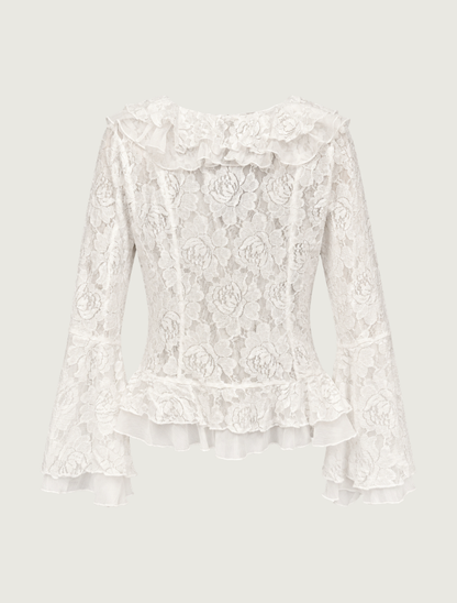 Mavericks Double Ruffle Lace Blouse in Off White