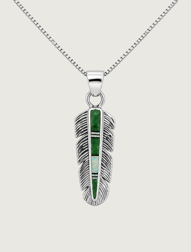 Sterling Silver Multi Inlay Feather Pendant