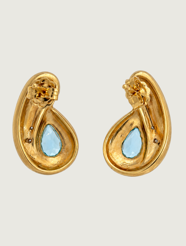 14K Yellow Gold Blue Topaz, Opal, & Diamond Earrings
