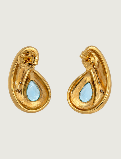 14K Yellow Gold Blue Topaz, Opal, & Diamond Earrings