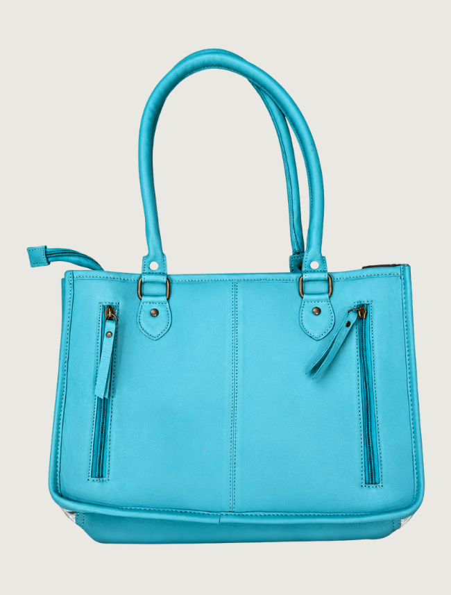 Mavericks Turquoise Tooled Leather Tote with Cowhide & Studded Trim