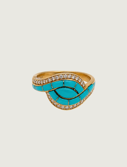 14K Yellow Gold Sleeping Beauty Turquoise & Diamond Ring