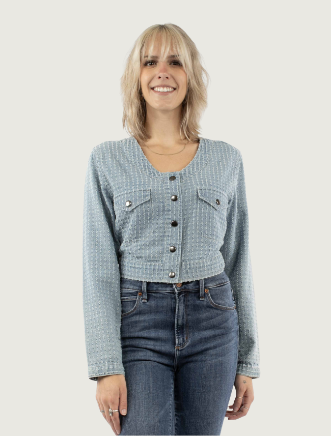Scully Women's Light Blue Denim Cropped Snap Front Jacket