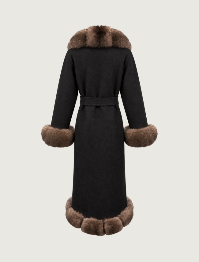 Pinto Ranch Black Alpaca Cashmere Coat with Fox Fur Trim