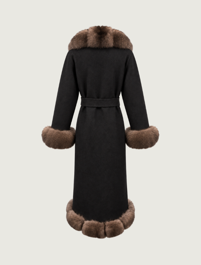 Pinto Ranch Black Alpaca Cashmere Coat with Fox Fur Trim