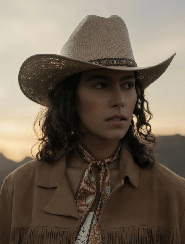Stetson Ashby cowboy hat on model — close-up detail
