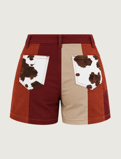 Lucky & Blessed Women's Rust and Cow Print Patchwork Denim Shorts