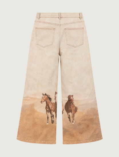 Mavericks Horse Print Wide Leg Jeans in Tan Multi