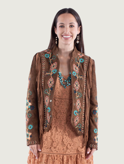 Mavericks Women's Brown Embroidered Fringe Suede Jacket
