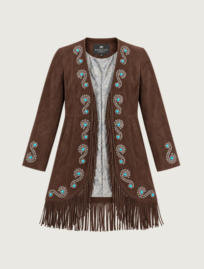 Mavericks Turquoise Studded Embroidered Fringe Suede Coat