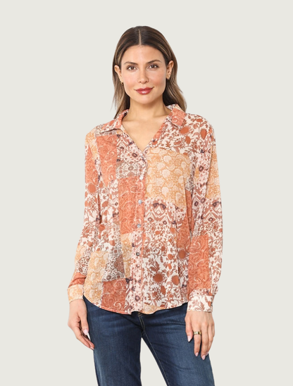 Paparazzi Vintage Patchwork Print Button-Up Shirt in Terracotta