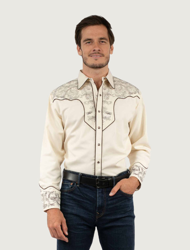 Scully Men's Cream Scroll Embroidered Western Shirt