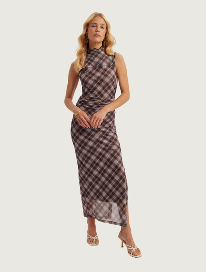 Hem & Thread Brown Plaid Mesh Maxi Dress