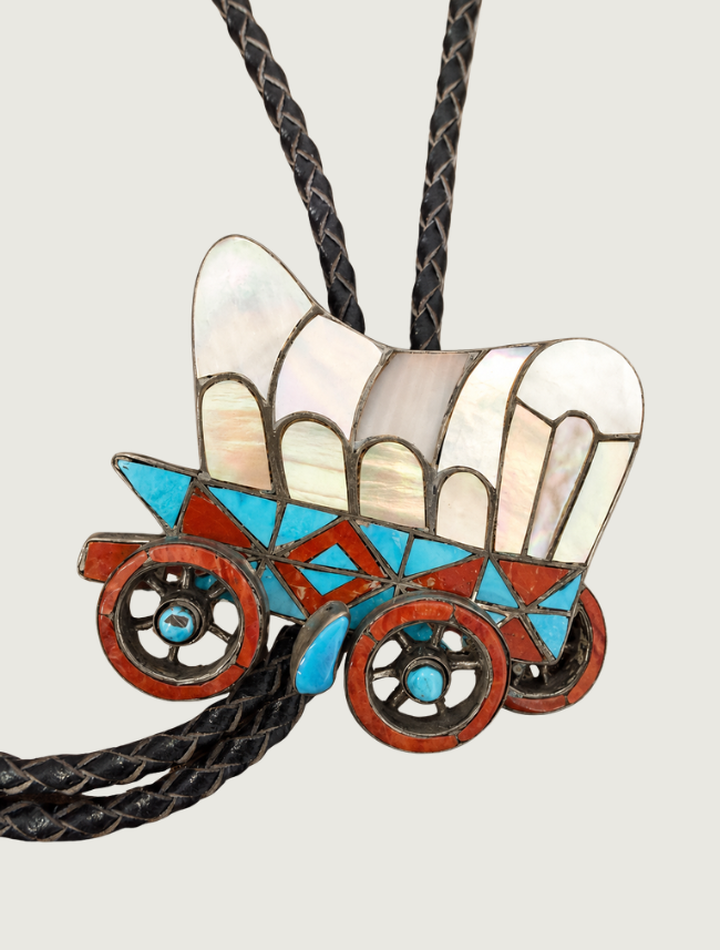 Back of H.L. Zunie covered wagon bolo tie showing H-L Zunie hallmark stamp