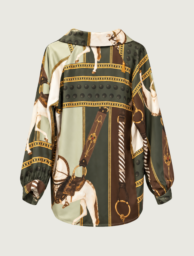 Look Mode Women's Olive Satin Horse Print Blouse