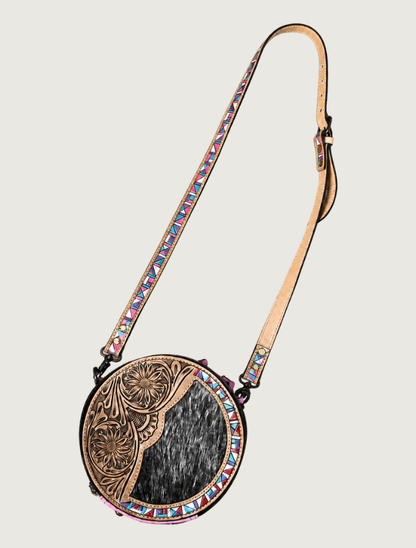 Mavericks Cowhide & Tooled Leather Round Crossbody with Beaded Trim