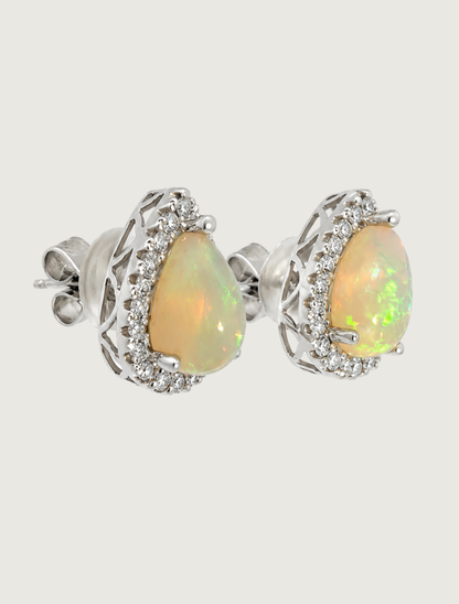 14K White Gold Opal & Diamond Pear Earrings