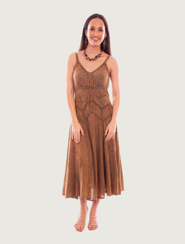 Scully Copper Embroidered Cotton Spaghetti Strap Dress