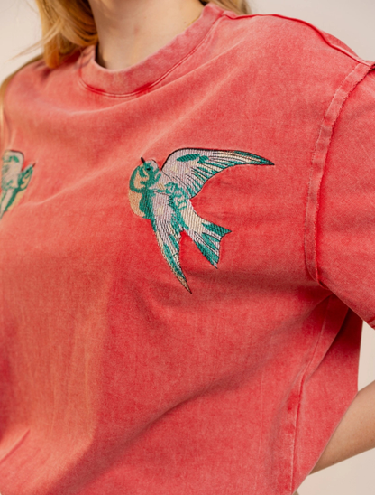 Blue B Bird Embroidered Mineral Wash Tee