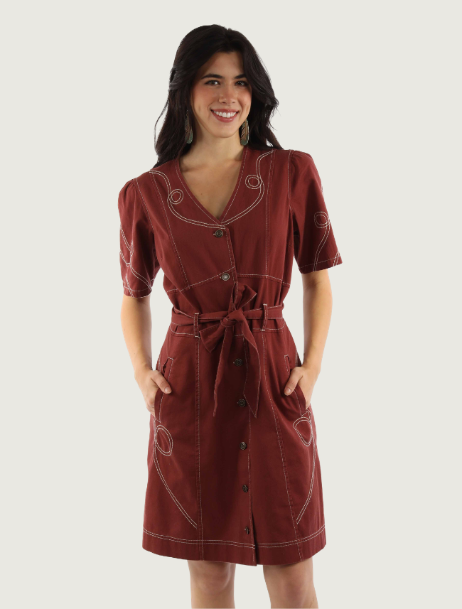 Scully Terracotta Contrast Stitch Button Front Dress