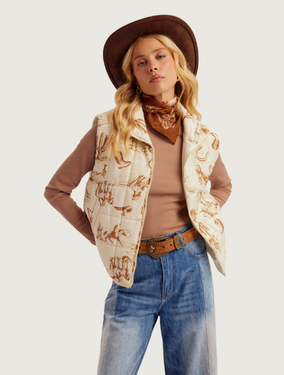 Hem & Thread Cream Cowboy Print Puffer Vest