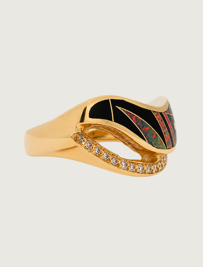 14K Yellow Gold Diamond, Black Jade, & Fire Opal Ring