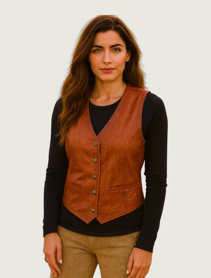 Mavericks Women's Cognac Leather Vest with Floral Lining