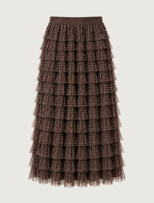 Raisonnel Plaid Mesh Ruffle Maxi Skirt
