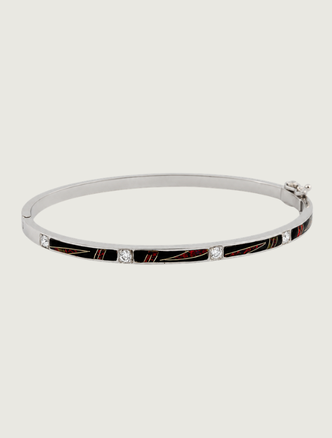 14K White Gold Diamond, Black Jade, & Fire Opal Bracelet