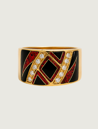 14K Yellow Gold Diamond, Black Jade, & Fire Opal Ring