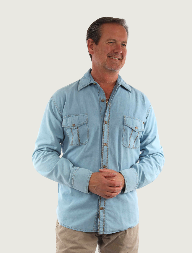Model wearing Scully contrast stitch button-front shirt, front view