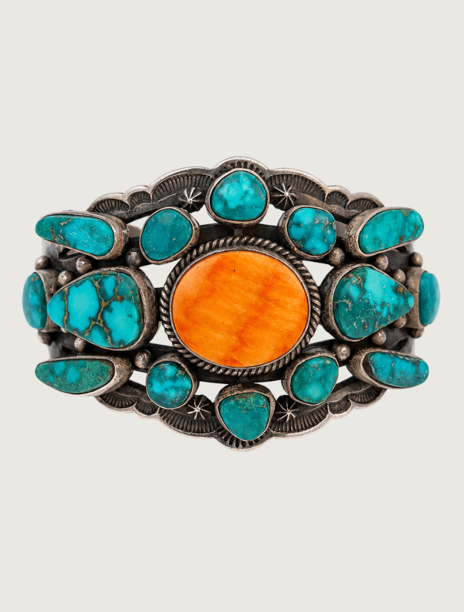 Aaron Toadlena Sterling Silver Spiny Oyster Shell & Turquoise Cuff Bracelet