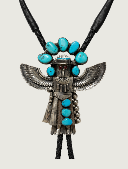 B.L. Sterling Silver Turquoise Studded Kachina Doll Bolo Slide
