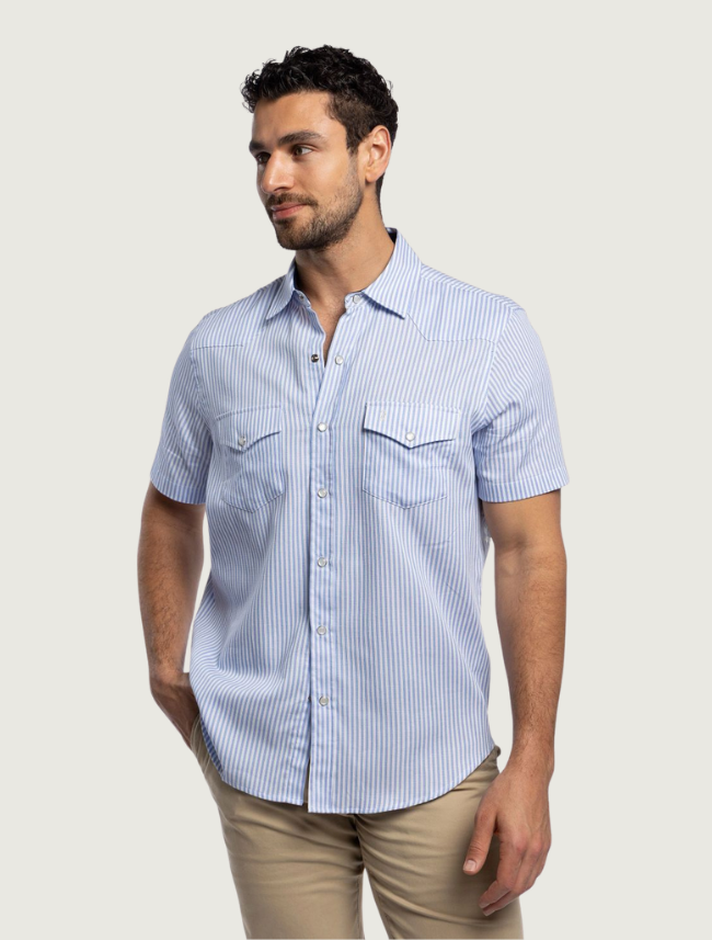 Tony Lama Blue Stripe Short Sleeve Pearl Snap Western Shirt