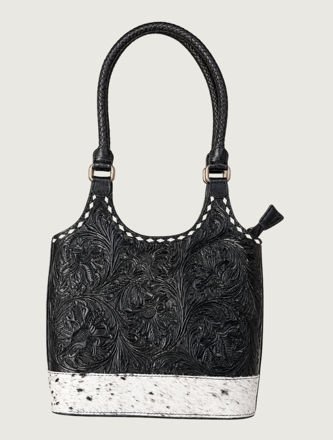 Mavericks Tooled Leather Tote with Cowhide Base & Braided Handles
