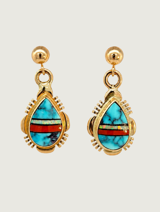 14K Yellow Gold Turquoise & Opal Inlay Earrings