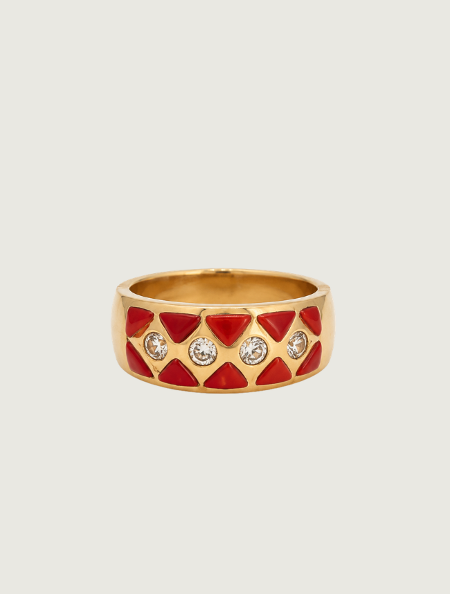 14K Yellow Gold Red Coral & Diamond Ring