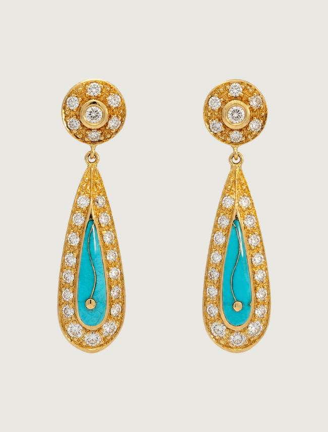 14K Yellow Gold Turquoise & Diamond Earrings