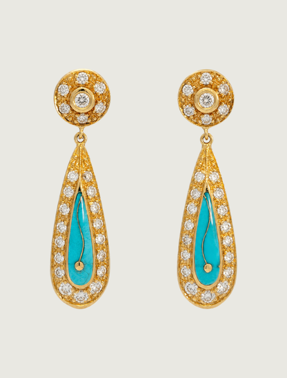 14K Yellow Gold Turquoise & Diamond Earrings