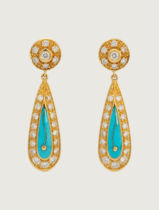 14K Yellow Gold Turquoise & Diamond Earrings