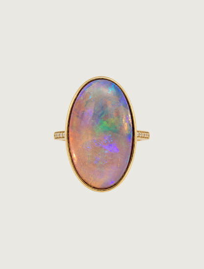 18K Yellow Gold Opal Cabochon & Diamond Ring