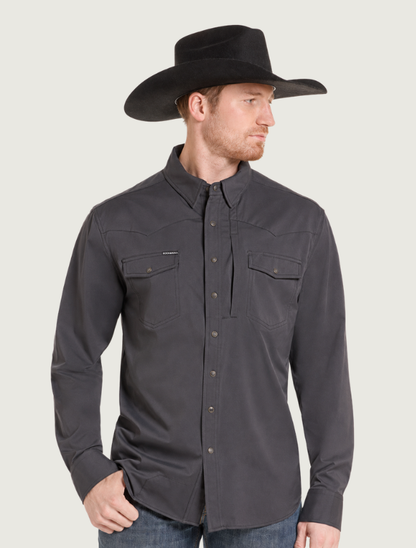 Man in a cowboy hat wearing the black snap shirt, three-quarter view
