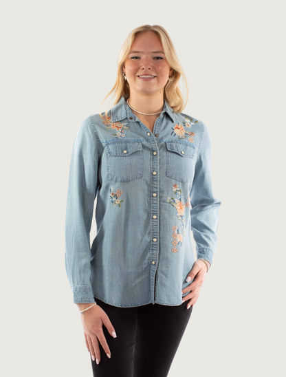 Scully Women's Light Blue Denim Floral Embroidered Snap Front Shirt