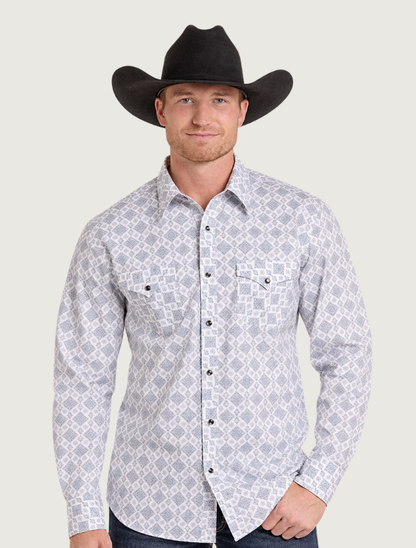Rock & Roll Denim Men's Medallion Print Long Sleeve Snap Shirt