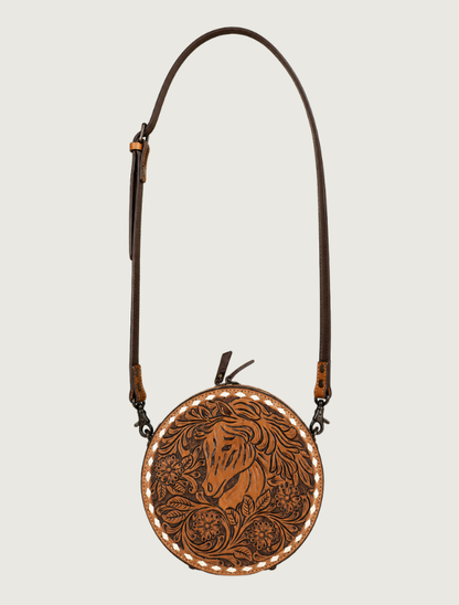 Mavericks Tooled Brown Leather Round Crossbody with Horse & Flowers