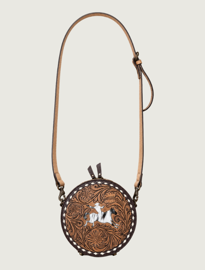 Mavericks Tooled Leather Round Crossbody with Bucking Bronco Cowhide Inlay