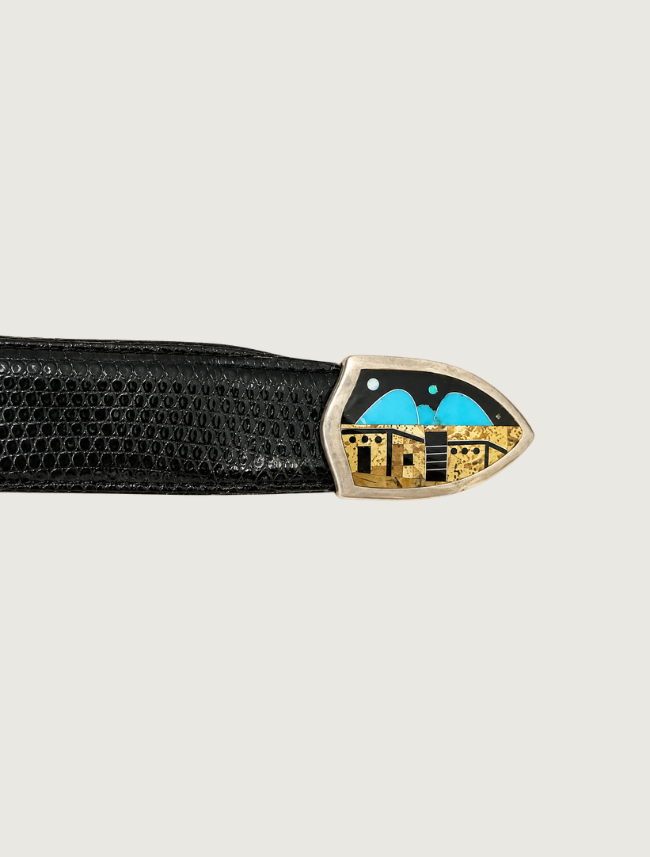 GL Miller Studio pueblo landscape inlay belt buckle set, tail end close-up