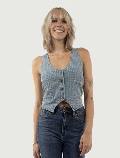 Scully Women's Light Blue Denim Button Front Cropped Vest