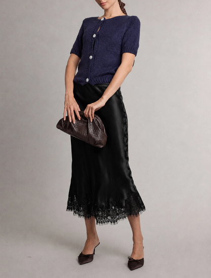 Raisonnel Satin Lace Trim Midi Skirt